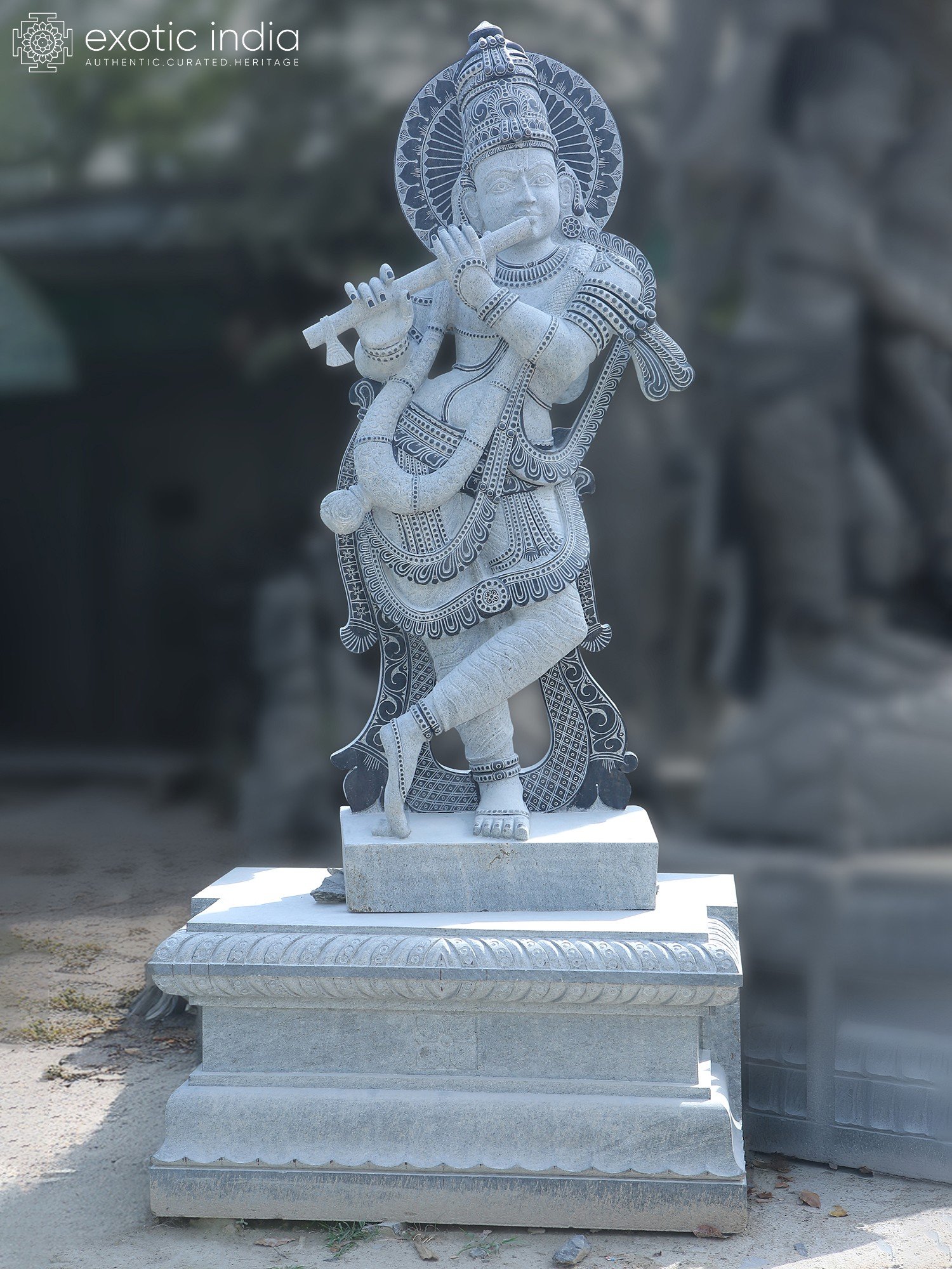 Ornate Krishna with Flute – Granite Idol