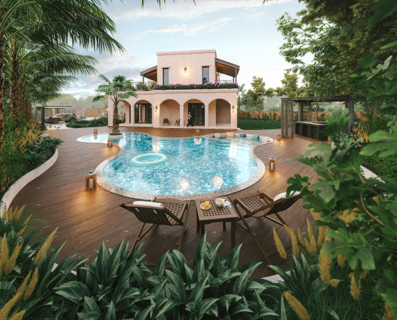 Luxury villa with natural stone pool coping and outdoor stone flooring.