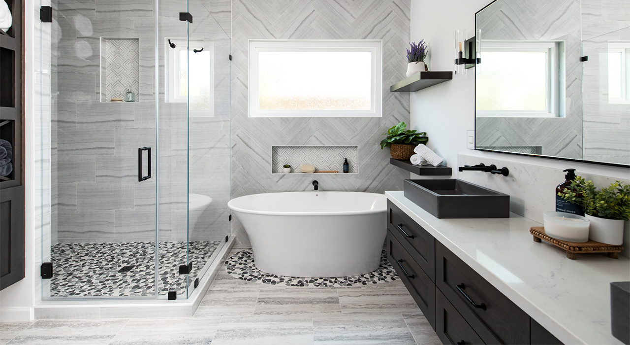 Modern bathroom with engineered quartz countertop and minimalist design.